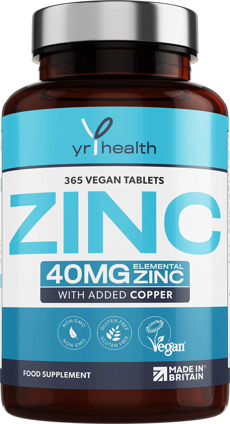 Vegan Zinc Tablets High Strength 40mg - 365 Premium Zinc Gluconate Tablets - Zinc Supplements, 12 Month's Supply - Zinc and Copper Supplement - Zinc 40mg - Made in The UK by YrHealth - BeesActive Australia