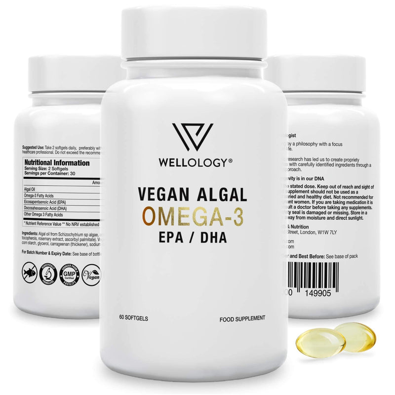 Vegan Omega 3-1200mg Fermented Algae Oil - High Strength EPA DHA - Natures Purest Omega Fatty Acids - Contaminant-Free Alternative to Fish Oil, Cod Liver Oil or Krill Oil - 60 Softgels by Wellology - BeesActive Australia