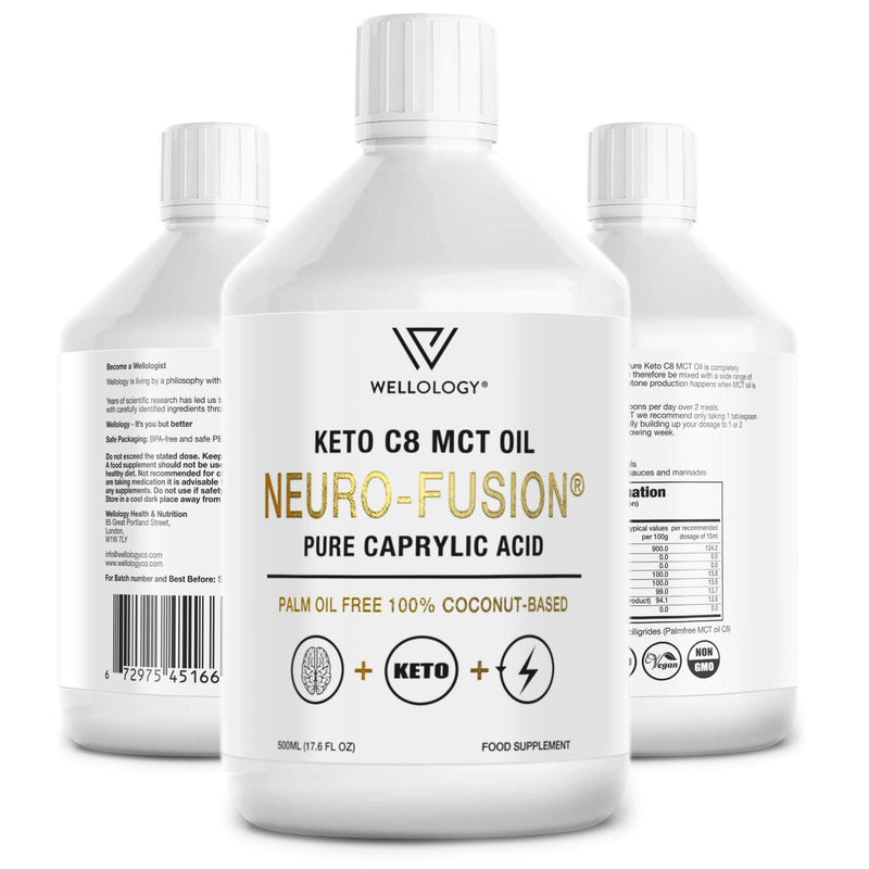 Keto C8 MCT Oil - Pure C8 Caprylic Acid not C10 - Make MCT Oil Ketogenic Bulletproof Coffee - Energy Boosting Ketones - Low Carb Keto Food - MCT Oil, Vegan - 500ml by Wellology - BeesActive Australia