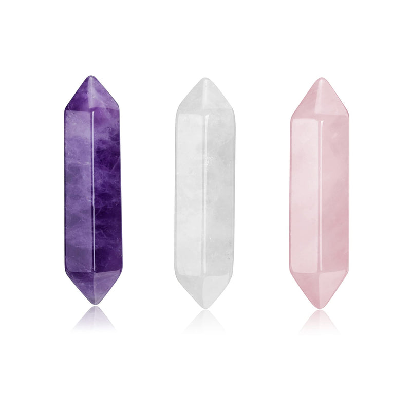 CrystalTears Healing Crystal Wands Hexagonal Natural Amethyst Rose Quartz Clear Quartz Reiki Healing Crystals Points Gemstone Wand Set for Meditation Crystal Therapy Christmas Gift Amethyst+rose Quartz+clear Quartz - BeesActive Australia