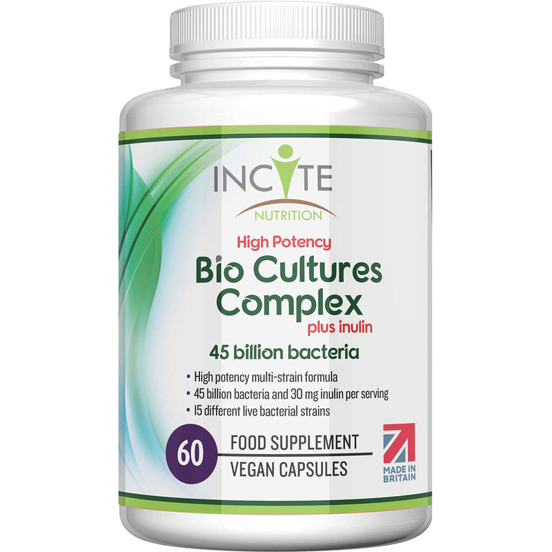 Bio Cultures Complex 45 Billion CFU with 30mg of Inulin Friendly Bacteria 60 Premium High Strength Vegan Capsules 15 Bacteria Strains Suitable for Vegans Vegetarians Made in The UK (45 Billion CFU) - BeesActive Australia