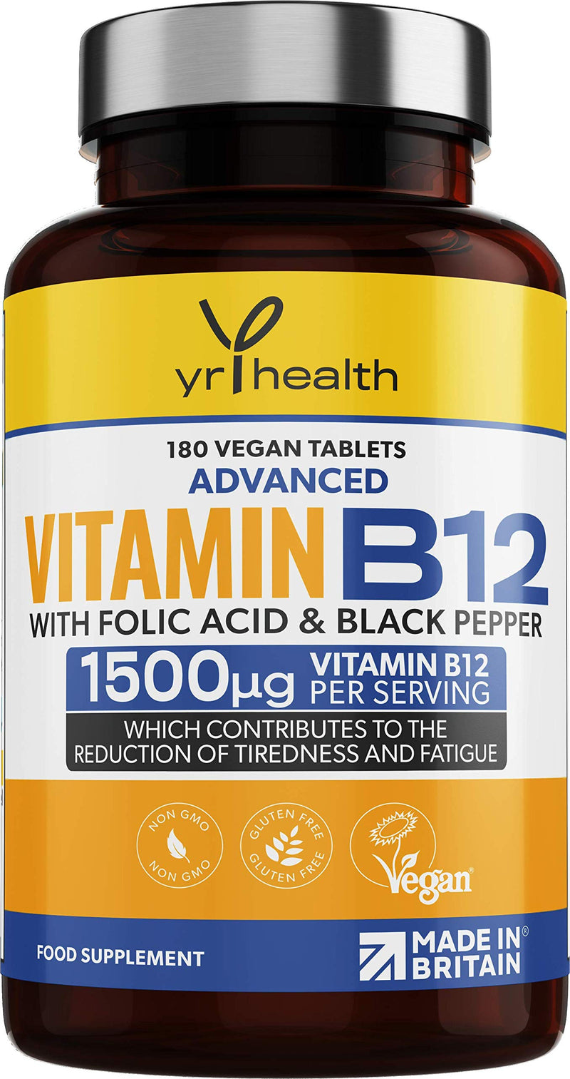 Vegan Vitamin B12 Tablets 1500mcg Methylcobalamin High Strength with Added Folic Acid & Black Pepper - 180 Tablets (6 Month Supply) - Reduction of Tiredness & Fatigue - Made in The UK by YrHealth - BeesActive Australia