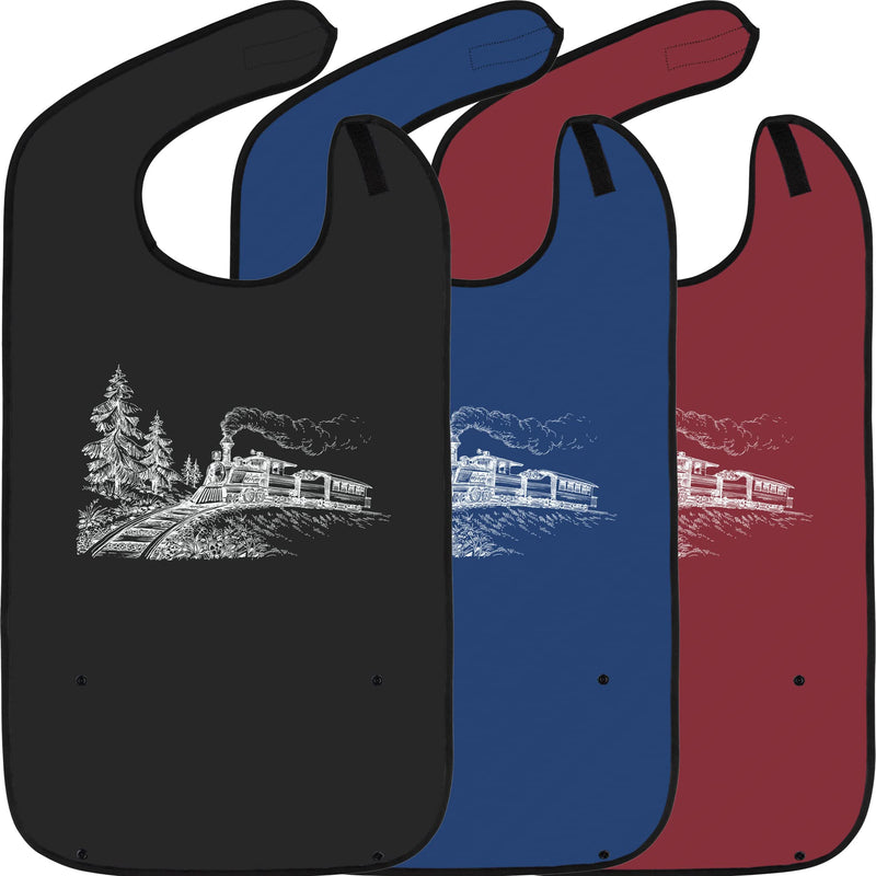 Classic Bib Designs Adult Bibs for Eating: Reusable with Crumb Catcher Pocket - For Men and Women 3 Pack (Variety) - Steam Train - BeesActive Australia