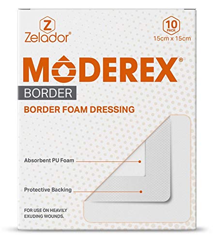 Moderex Border Absorbent Foam Dressing with Adhesive Border for Leg lucers/Diabetic Foot ulcers/bedsores, Sterile 15x15cm. The Adhesive Border is 2.5cm so The Absorbent pad is 12.5x12.5cm 15x15 cm (Pack of 10) - BeesActive Australia