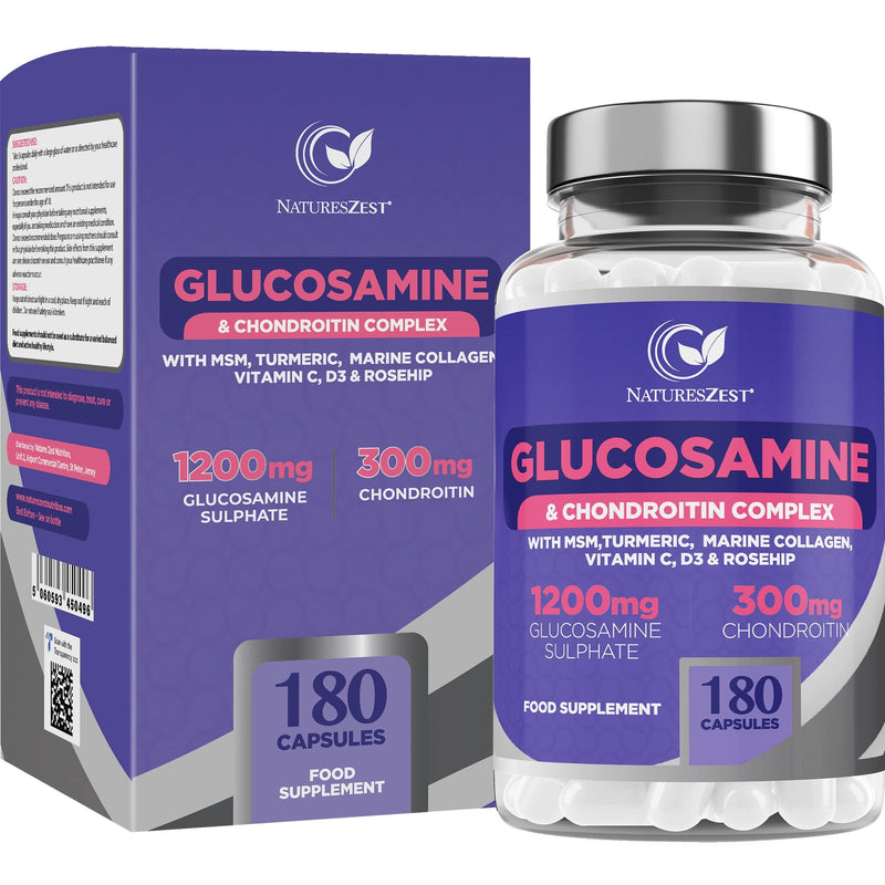 Glucosamine and Chondroitin High Strength Capsules - Glucosamine Complex with MSM � 180 Glucosamine Capsules - with Vitamin C, Rosehip, Turmeric Curcumin & Marine Collagen � UK Made by Natures Zest - BeesActive Australia