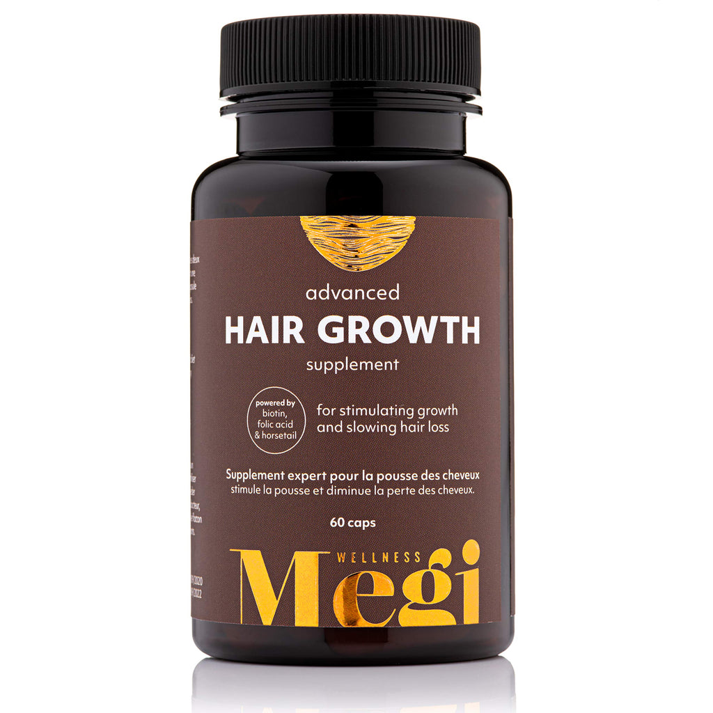 Megi Wellness, Advanced Hair Growth Supplement | Biotin, Folic Acid & Horsetail | Stimulates Growth & May Slow Hair Loss. 60 Capsules. - BeesActive Australia