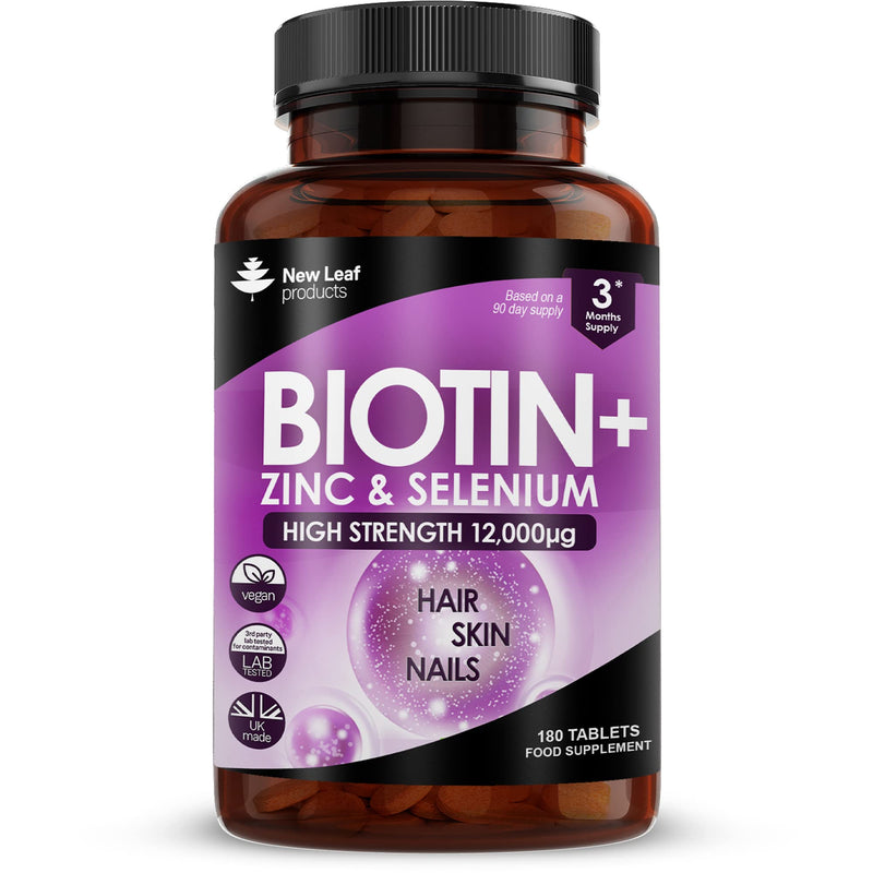 Biotin Hair Growth Vitamins 12,000mcg - Enriched with Zinc & Selenium � Hair Skin & Nails Vitamins for Women and Men -180 Vegan High Strength Hair Vitamins Biotin Tablets Complex -UK Made by New Leaf 90 Count (Pack of 1) - BeesActive Australia