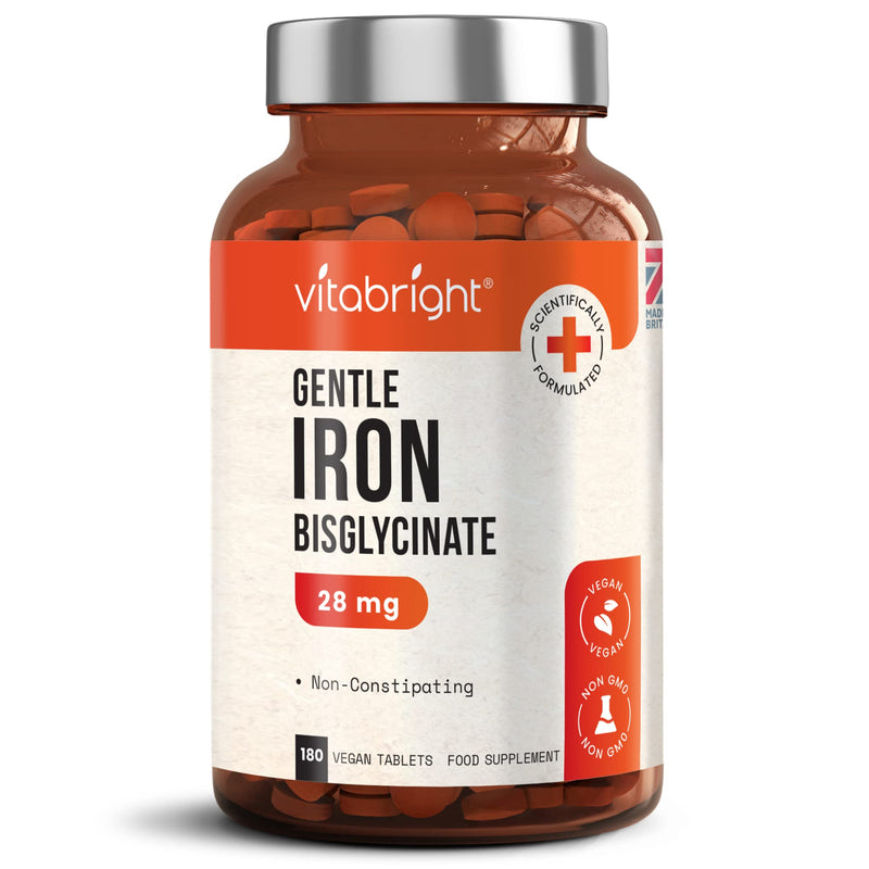 Gentle Iron Tablets 28mg - 180 Vegan Tablets (3 Month Supply of Iron Supplements) Gentle Iron Bisglycinate Chelate for Men & Women. 200% NRV Iron Pills for Tiredness & Fatigue, Blood & Immune System - BeesActive Australia