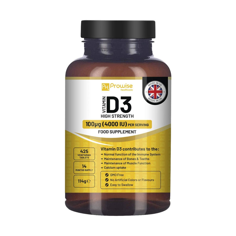 Vitamin D3 4000 IU High Strength I 425 Vegetarian Tablets (14 Months Supply) I Easy Swallow Vitamin D3 Supplement for Immune Support, Calcium Boost, Bone & Muscle I Vitamin D Made in the UK by Prowise - BeesActive Australia