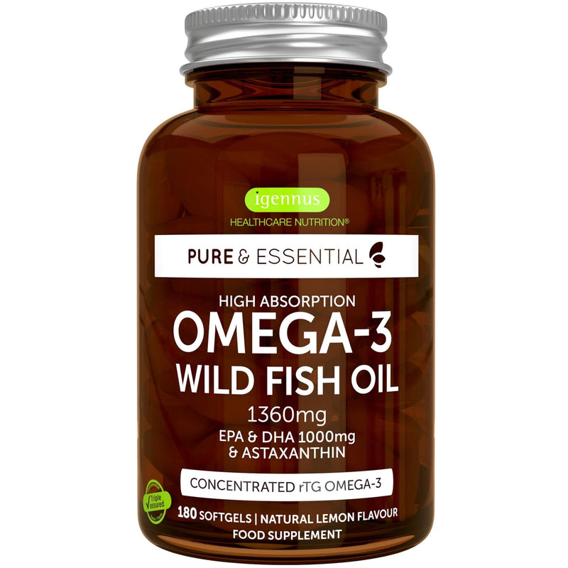 Omega-3 Wild Fish Oil & Astaxanthin, The Most Advanced High Absorption rTG Omega-3, EPA & DHA 1000mg, Ultra Pure; Free from Environmental Toxins, Lemon Flavour, 180 Softgels, by Igennus - BeesActive Australia