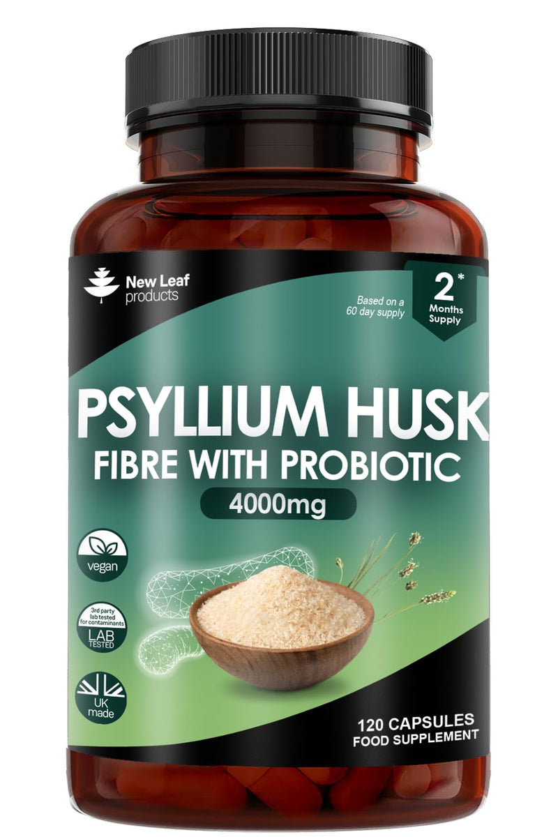 Fibre Supplement 4000mg Psyllium Husk With Probiotic Acidophilus - High Strength - Natural Soluble Fiber Supplement From Plantago Ovata Seeds, 120 Psyllium Husks capsules Vegan, Made in UK by New Leaf - BeesActive Australia