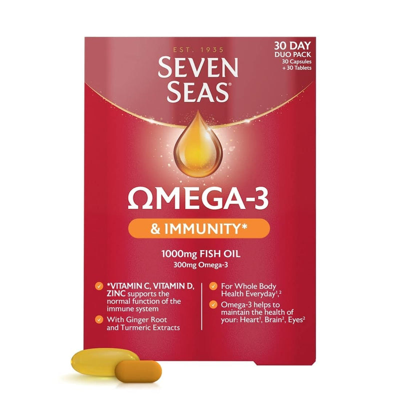 Seven Seas Omega-3 Fish Oil Immunity, 1000 mg Fish Oil + 300 mg Omega-3, 60 High Strength Tablets, 260 mg EPA & DHA & Vitamin D, With Vitamin C & Zinc, Duo Pack: 30 Capsules + 30 Tablets - BeesActive Australia