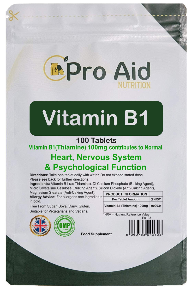 Vitamin B1 Thiamine 100mg Tablets 100 Pack by ProAid | Heart Health, Nervous System Support, Immune Health| Made in UK | Premium Tablets - BeesActive Australia