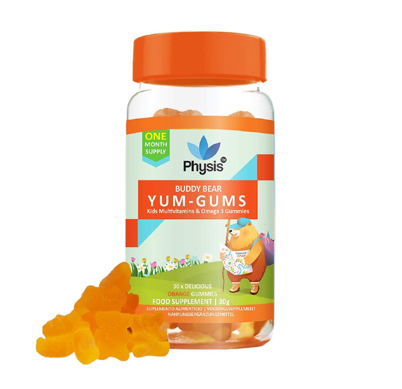 Physis Kids Multivitamin Gummies | Ages 2+ | 30 Orange Flavour Chewable Vitamin with Vitamins C, D, Omega 3 & More | Kids Vitamins Chewies for Cognition, Energy & Support Growth | Children's Vitamins Buddy Bear Yum-Gums - BeesActive Australia