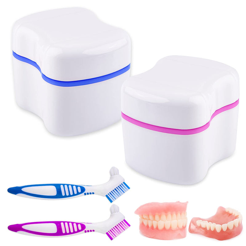 2 Denture Bath Case and 2 Denture Cleaner Brushes Retainer Denture Box, Tophoniex Dentures Container with Basket Denture Holder for Travel Retainer Cleaning - BeesActive Australia