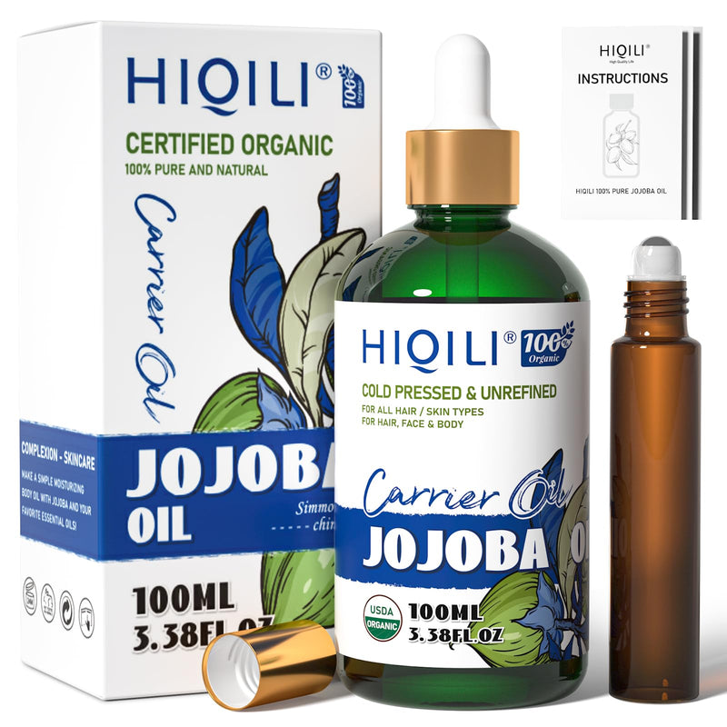 HIQILI Jojoba Oil Organic, Cold Pressed Unrefined Jojoba Carrier Oil Perfect for Skin, Hair Growth, Nails, Massage, Body Care -3.38 Fl Oz - BeesActive Australia