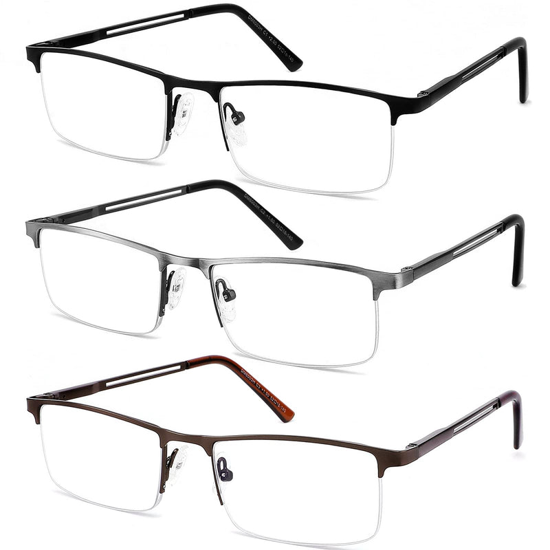 JJWELL 3 Pack Blue Light Reading Glasses for Men, Lightweight Metal Rectangle Semi Rimless Readers for Men, Anti Eyestrain/Computer Glare/UV, Half Frame Spring Hinge Eyeglasses with Pouches Black Gunmetal Brown 1.5 x - BeesActive Australia