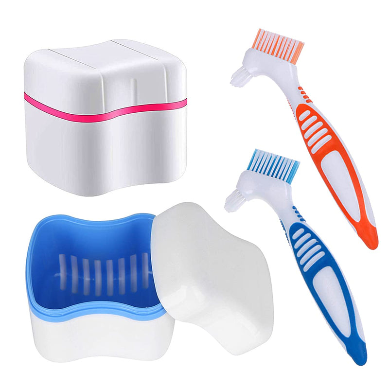 Denture Cleaner Box and Brush Set - 2 Pack Denture Bath Case with Basket + 2 Pack Denture Brush, Portable Denture Retainer Storage Box, Premium Hygiene False Teeth Brushes for Oral Care - BeesActive Australia