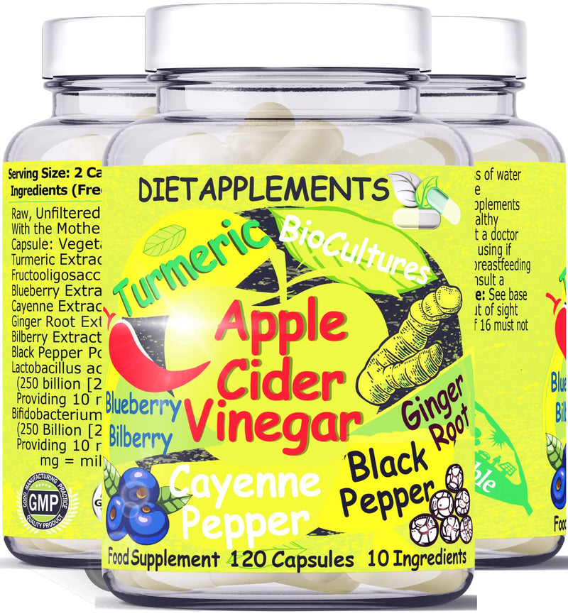 Raw, Unfiltered Apple Cider Vinegar with The Mother | Turmeric, Ginger, Black Pepper, Cayenne Pepper, Blueberries, Bilberries | High Strength Bio Cultures | Vegan, Vegetarian Potent Capsules. 1 Bottle - BeesActive Australia