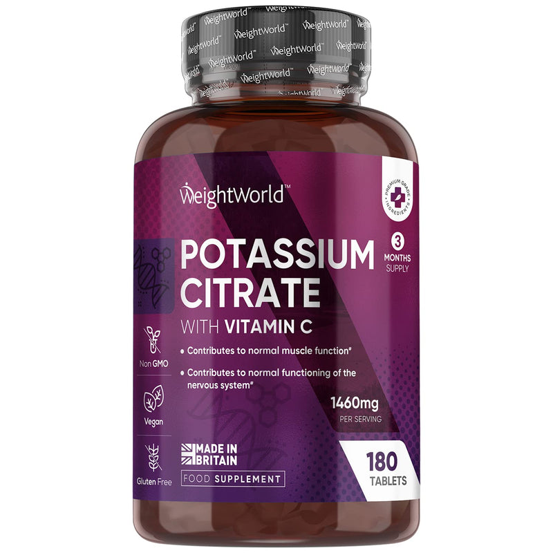 Potassium Supplement 1460mg with Vitamin C - 3 Months Supply (180 Vegan Potassium Tablets) - High Strength Potassium Citrate - Natural Electrolytes Support - Superior Absorption - Made in The UK - BeesActive Australia