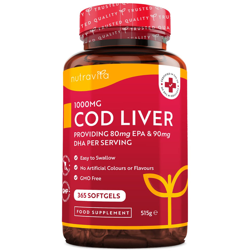 Cod Liver Oil 1000mg - 365 Softgels of Premium Cold Pressed Fish Oil - Rich in High Strength Omega 3, Vitamins A, D, E & Garlic Oil - Supports Heart & Brain Health - Made in The UK by Nutravita - BeesActive Australia