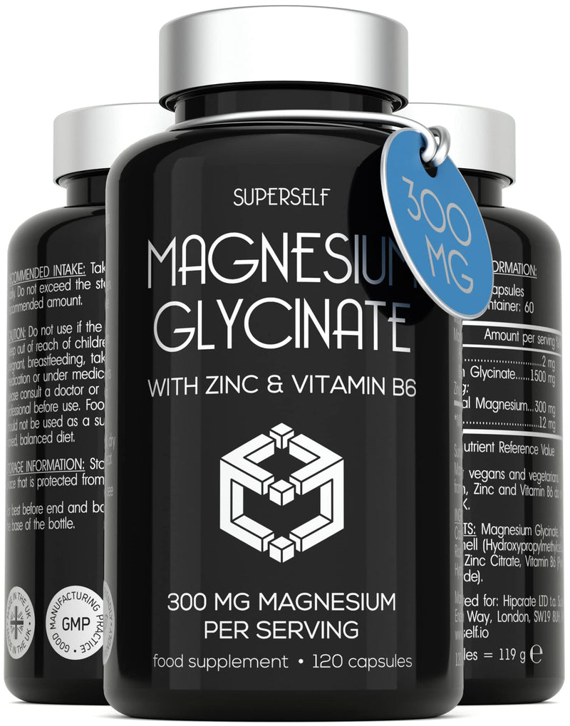 Magnesium Glycinate Supplement 300mg - Magnesium Bisglycinate Capsules with Zinc & Vitamin B6 - High Strength Complex Advanced Absorption - 120 Capsules - UK Made Chelated Zinc and Magnesium Tablets - BeesActive Australia