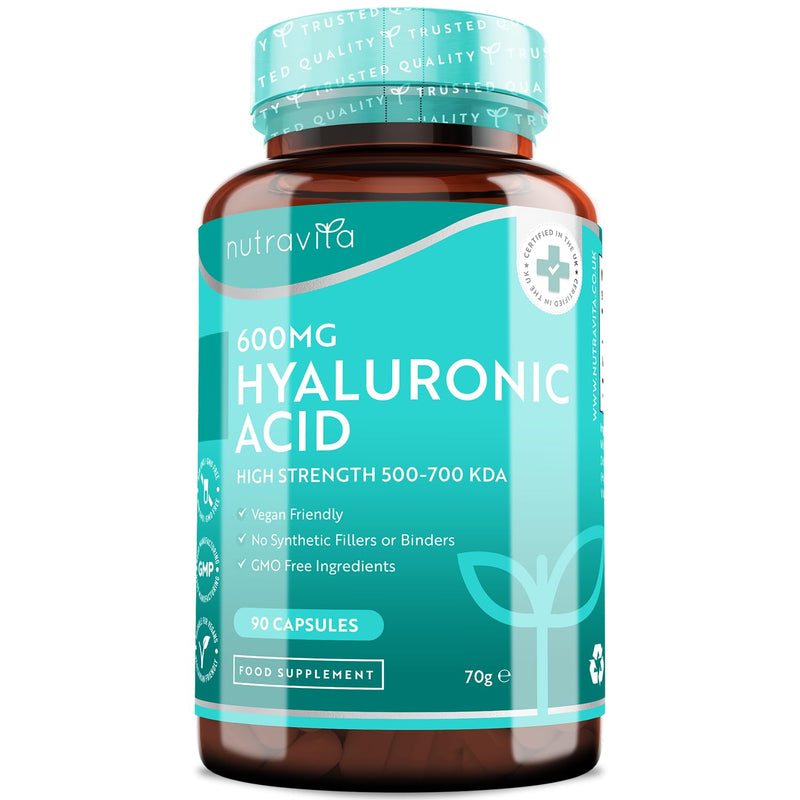 Hyaluronic Acid Capsules - 3 Month Supply of 600mg Hyaluronic Acid Capsules - High Dose with 500-700 KDA - GMO Free with No Synthetic Fillers or Binders - Made in The UK by Nutravita 90 Capsules - BeesActive Australia