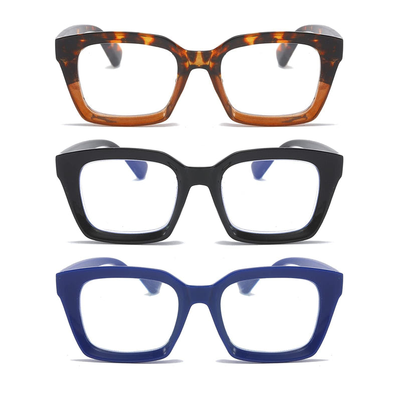 MMOWW 3-Pack Oversized Reading Glasses for Women - Anti Blue Light Glasses with Square Frame +2.0 Black+blue+leopard 2.0 x - BeesActive Australia