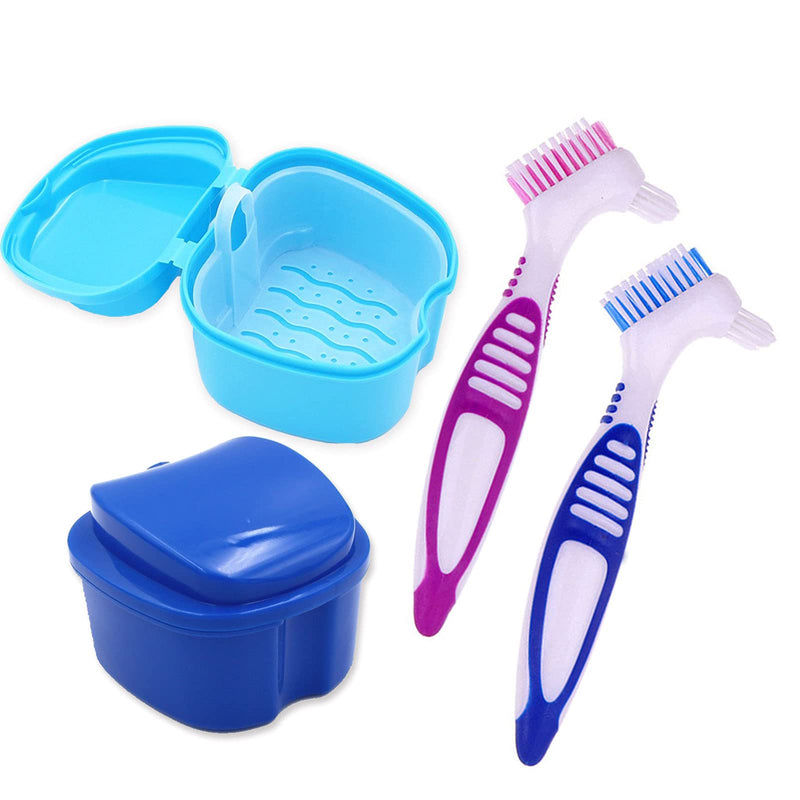 HRASY Denture Bath Case with Denture Cleaning Brush Kit - 2 Pcs Denture Bath Case Cup Box Holder Storage Soaking Container with Strainer Basket | 2 Pcs Denture Toothbrushes for False Teeth Cleaning - BeesActive Australia