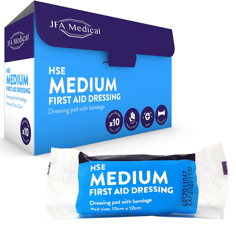 JFA Medical HSE Medium Sterile First Aid Wound Dressing Bandage with Pad 12 x 12cm - Pack of 10 Bandages 10 Count (Pack of 1) - BeesActive Australia