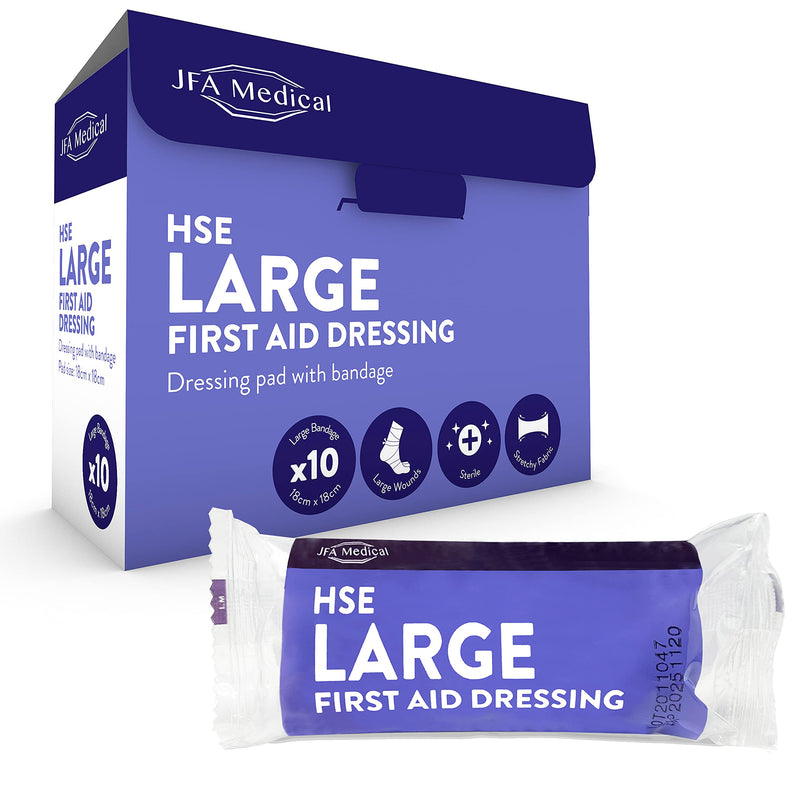 JFA Medical HSE Large Sterile First Aid Dressing Bandage with Pad 18 x 18cm - Pack of 10 Bandages - BeesActive Australia