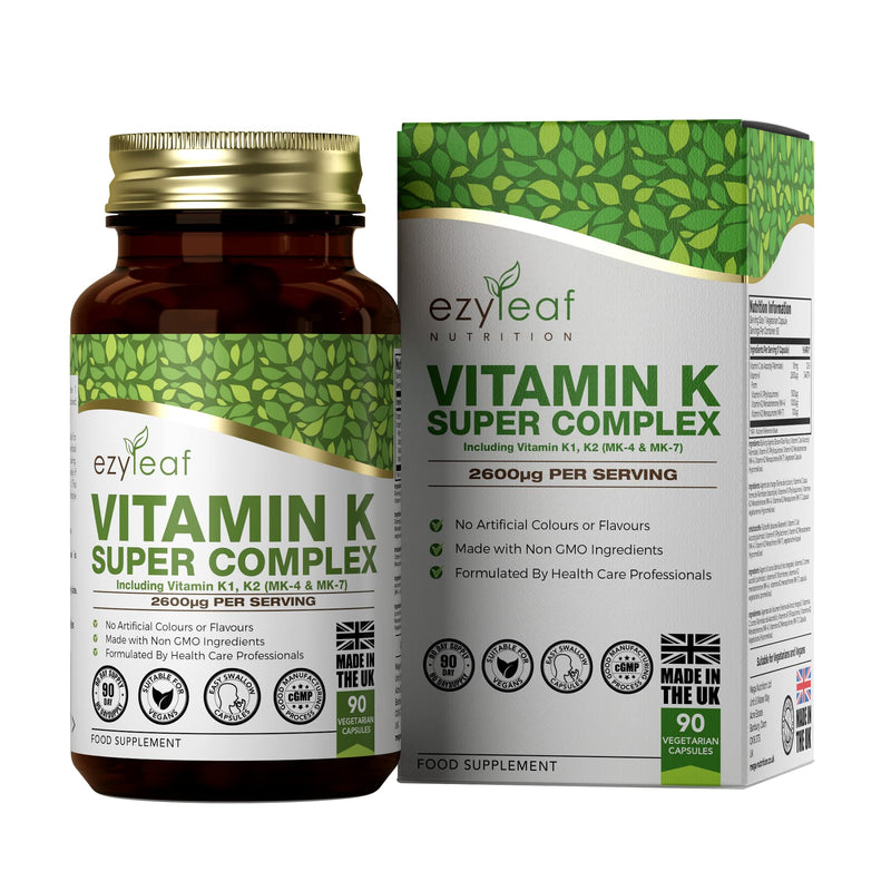 Ezyleaf Vitamin K Super Complex | Vitamin K2 MK7 - Vitamin K2 MK4 - Vitamin K1 | 2600�g per Capsule | 90 Vitamin K2 MK-7 Vegan Capsules | Non-GMO, Allergen Free Formula with Vitamin C | Made in the UK - BeesActive Australia