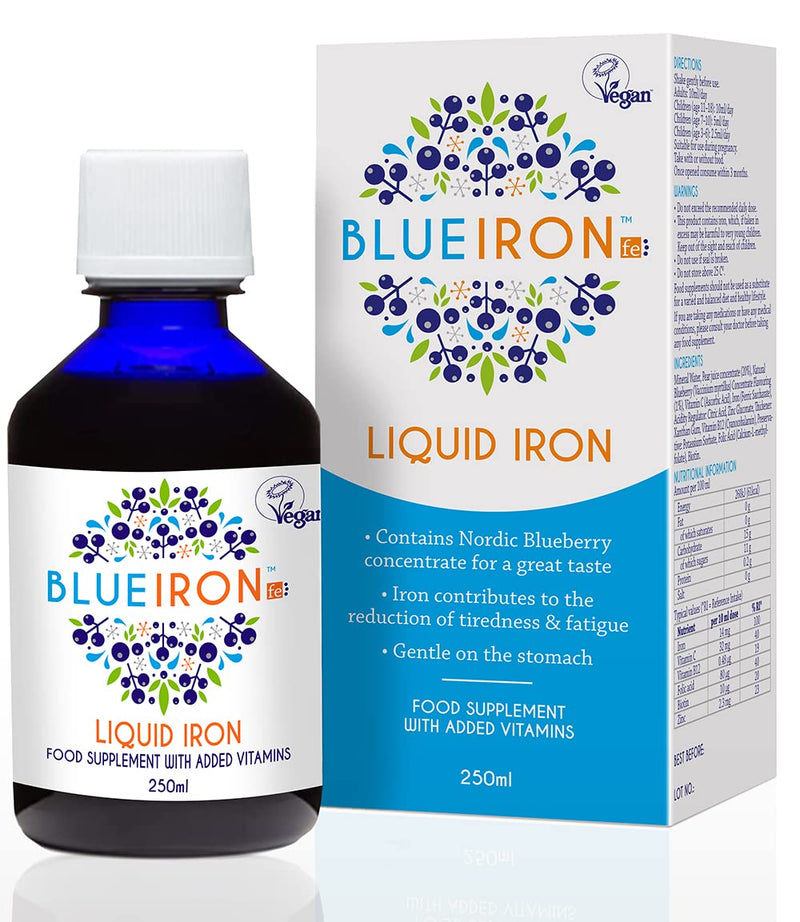 Blueiron Liquid Iron Supplement with Nordic Blueberries + Vitamin C, Vitamin B12, Folic Acid, Biotin and Zinc | 250ml | Suitable for Vegans | Easily Absorbed and Gentle On The Stomach - BeesActive Australia
