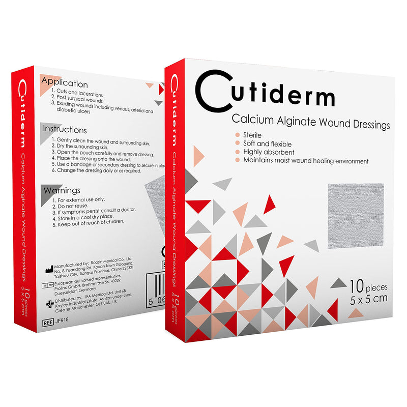 Pack of 10 Cutiderm Calcium Alginate Low Adherent Wound Dressing 5cm x 5cm - Suitable for cuts and lacerations, Post Surgical Wounds, exuding Wound Including venous, arterial and Diabetic ulcers 5x5 cm (Pack of 10) - BeesActive Australia