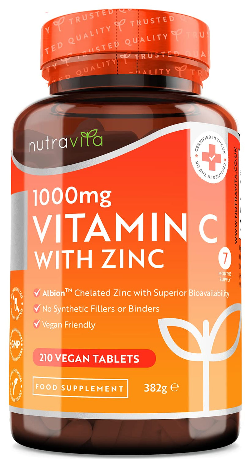 Vitamin C and Zinc Tablets - High Strength Vitamin C 1000mg with Albion� Zinc 15mg for better Absorption - 7 Month Supply - Vit C Zinc Supplements for Normal Immune System - 210 Vegan Tabs - Nutravita - BeesActive Australia