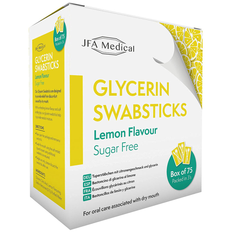 JFA Medical Glycerin Swabsticks Lemon Flavour Sugar Free Swab Sticks for Dry Mouth - Box of 75 - BeesActive Australia