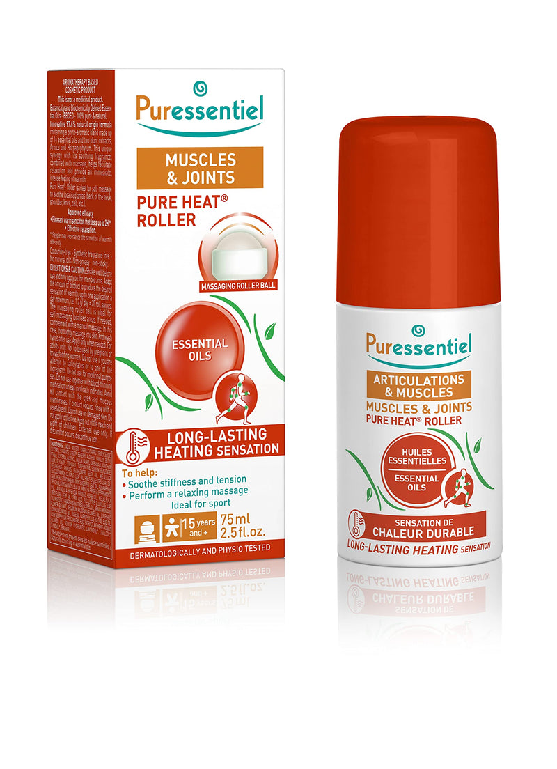 Puressentiel Muscles & Joints Pure Heat Roll-On 75ml - Fast & Natural Pain Relief - Lasting heating sensation - Soothe Muscle pain - 100% Natural active ingredients - Acupressure Massager & Muscle Rub - BeesActive Australia