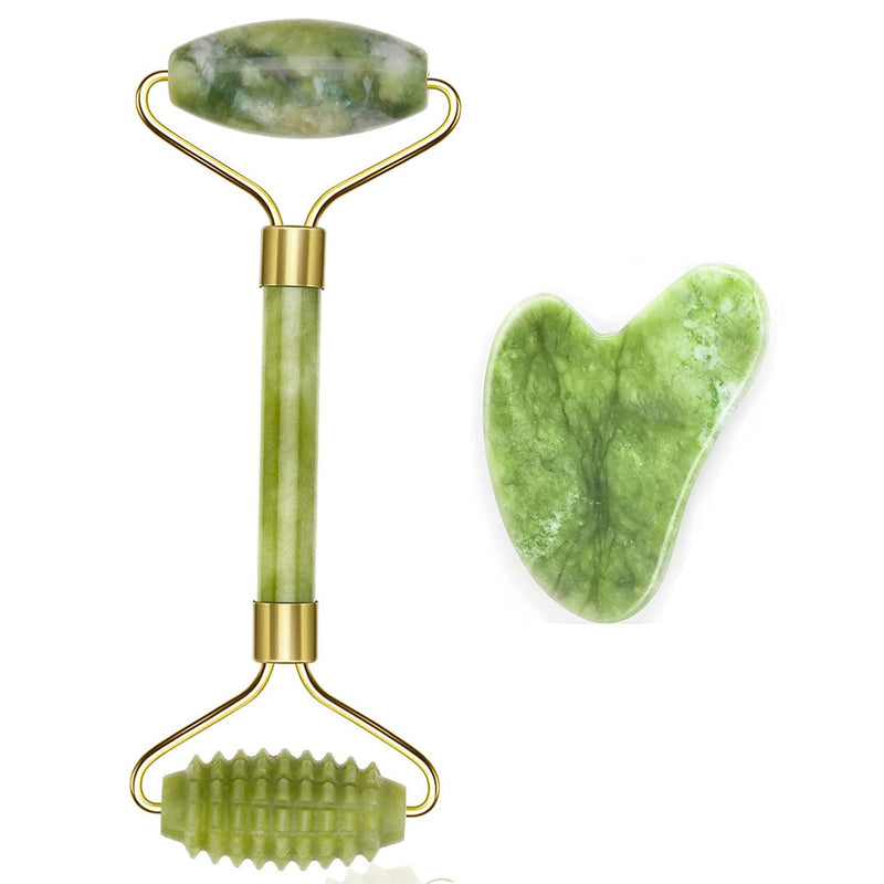 Jade Roller, Gua Sha Massage Set, Face Roller For Eye Puffiness Treatment, Skin Tightening, Rejuvenate & Neck, Natural Green Slimming Stone Anti-Aging Body Neck Lymphatic Drainage Tool Reduce Wrinkles - BeesActive Australia
