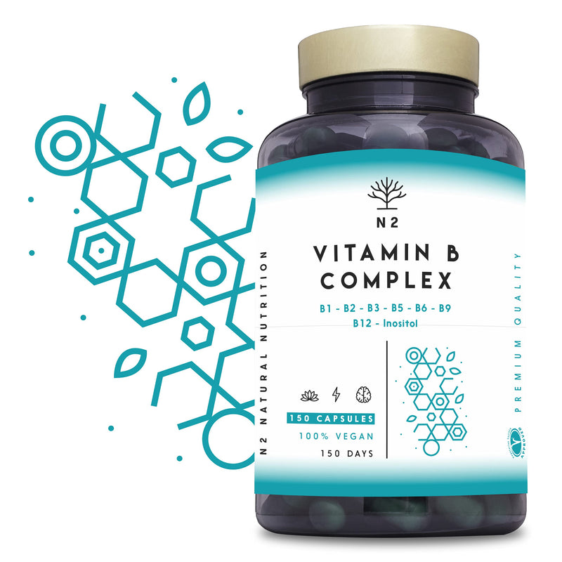 Vitamin B Complex High Strength. Vitamin B12, B9 (folic Acid), B7 (Biotin), B6, B5, B3, B2, B1,Inositol. Improves Mental Performance and Reduces Fatigue. 150 Capsules. Vegan. CE. N2 Natural Nutrition - BeesActive Australia