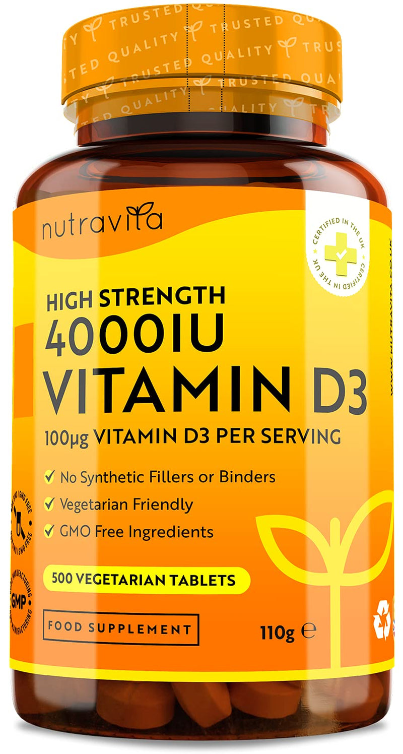 Vitamin D 4000 IU - 500 Micro Tablets - Max Strength - 16 Month Supply - Hight Strength Vegetarian VIT D3 - Vitamin D3 Supports Your Immune System & Bone Health - Made in The UK by Nutravita - BeesActive Australia