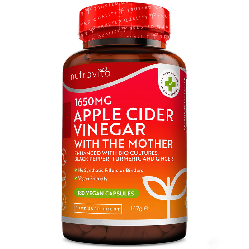 Raw Apple Cider Vinegar 1650MG with The Mother - High Strength - 180 Vegan Capsules (Not Tablets) - Boosted with Turmeric, Black Pepper & Ginger - Perfect for Keto Diet - Made by Nutravita 180 Count (Pack of 1) - BeesActive Australia