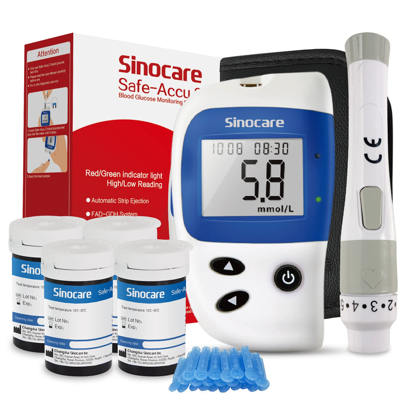 Blood Sugar Monitor, Sinocare Safe Accu2 Blood Sugar Test Kit with 100 Test Strips, 100 Lans, Light Indicator, No Coding, Easy to Use, Diabetes Testing Kit Home Use UK, mmol/L Blood Sugar Test Kit - 100 - BeesActive Australia