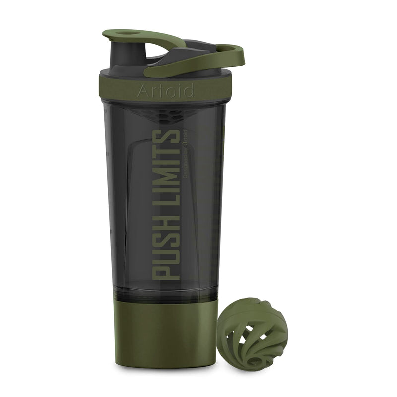 Artoid Mode 720ml Inspirational Sports Fitness Workout Protein Shaker Bottle with Twist and Lock Protein Box Storage, Dual Mixing Technology with Shaker Balls & Mixing Grids - BPA Free Black/Moss Green - BeesActive Australia
