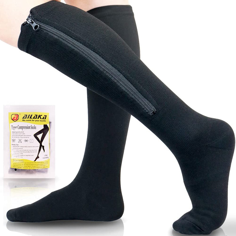 Ailaka 15-20 mmHg Zipper Compression Socks for Women Men, Closed Toe Support Graduated Medical Varicose Veins Hosiery, Perfect for Athletics, Running, Flight Travel, Support, Edema, Pregnancy 2X-Large (1 Pair) Black - BeesActive Australia