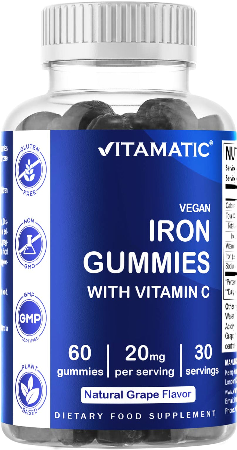 Vitamatic Iron Gummies Supplement for Women & Men - 20mg Serving - 60 Vegan Gummies - Great Tasting Iron Gummy Vitamins with Vitamin C - BeesActive Australia