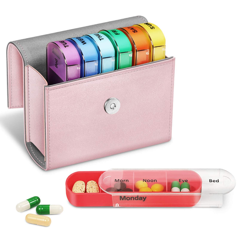 FINPAC 7 Day Pill Organisers Box 4 Times A Day with PU Leather Case, Slide Open Weekly Travel Medicine Vitamin Pill Reminder and Planner with Name Card for Morning| Afternoon| Evening| Bedtime, Rose Gold - BeesActive Australia