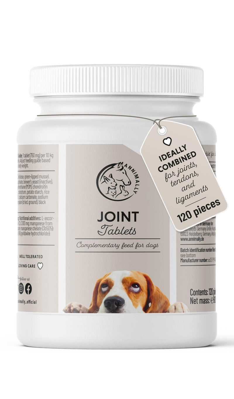 Annimally Joint Tablets with Green Lipped Mussel for Dogs 120 pcs. - Supplement for All Breeds with Glucosamine, Chondroitin, Vitamin B6 & MSM, Made in Germany