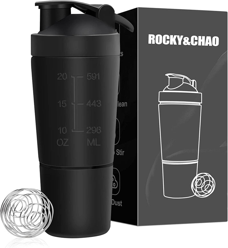 Protein Shaker Bottle 700ML with Mixball & Protein Compartment 200ML, Premium Stainless Steel Protein Shaker, Leak-Proof Metal Shaker, BPA Free Fitness Bottle Shaker for Men and Women Slim Fast, Black Protein Shaker With Storage | Black - BeesActive Australia