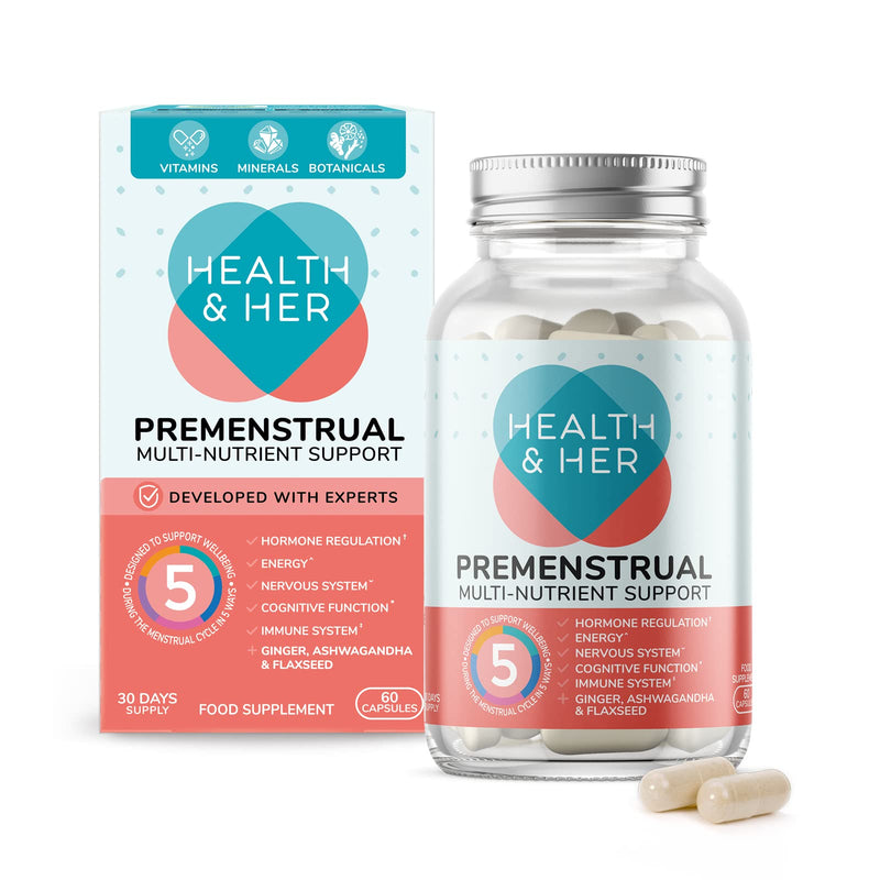 Health & Her Premenstrual Supplements for Women - PMS Support for Menstrual Wellbeing - Supports Hormone Regulation, Energy, Nervous System, Cognitive Function & Immune System (1 Month- 60 Tablets) 60 Count (Pack of 1) - BeesActive Australia