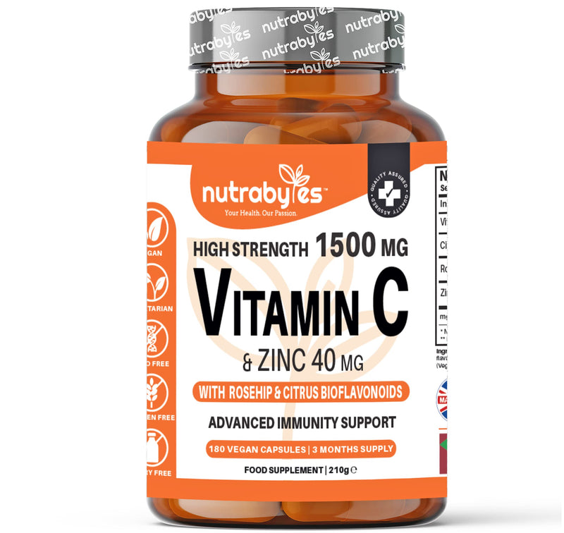 High Strength Vitamin C and Zinc Capsules | Vitamin C 1500mg and Zinc 40mg | Enhanced with Rosehip and Citrus Bioflavonoids | for Maintenance of Normal Immune System | 180 Vegan Capsules | Made in UK 180 Count (Pack of 1) - BeesActive Australia